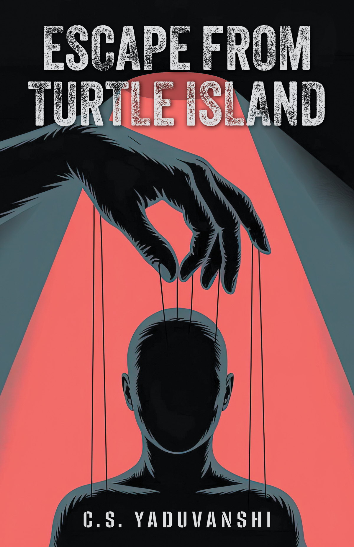Book cover: Escape from Turtle Island by C. S. Yaduvanshi — puppet strings over a figure before a red triangle
